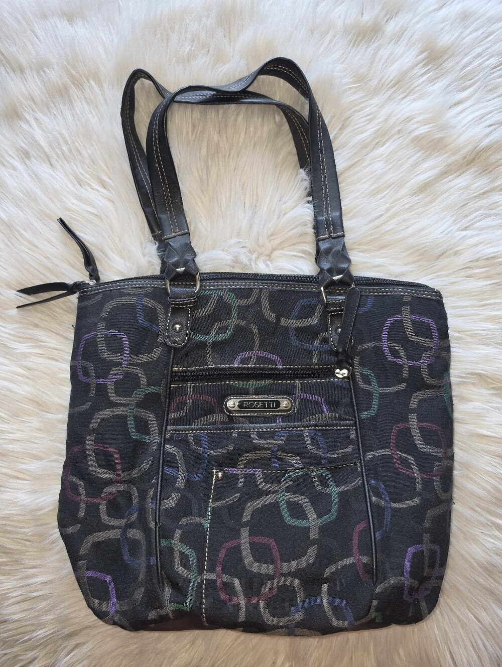Rosetti Black Multicolor Geometric Tote Shoulder Bag Y2K Style Multi Pocket